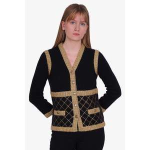 Pre-loved Chanel™ Black/Gold Camellia Button 'Coco Brasserie' Cardigan Size 40
